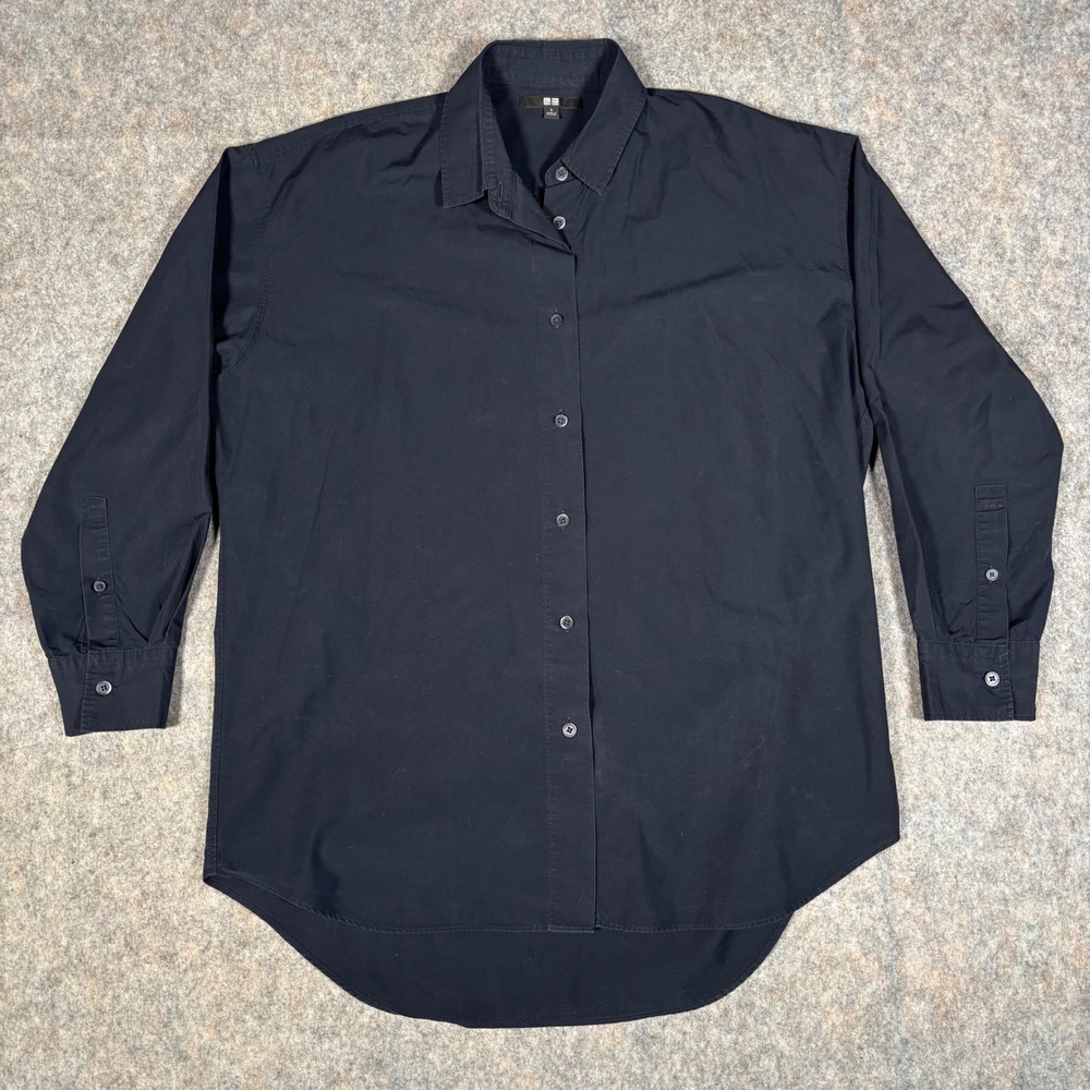 Uniqlo Button Up Shirt Womens Small Black Excellent Long Sleeve‎ High Low Hem